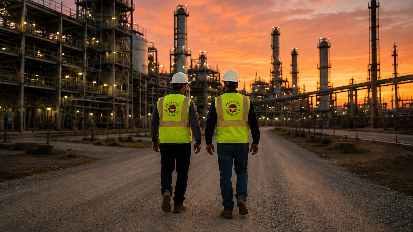 Two KWMS Safety Consultant team members in branded hi-vis vests walking through an industrial facility at sunset.