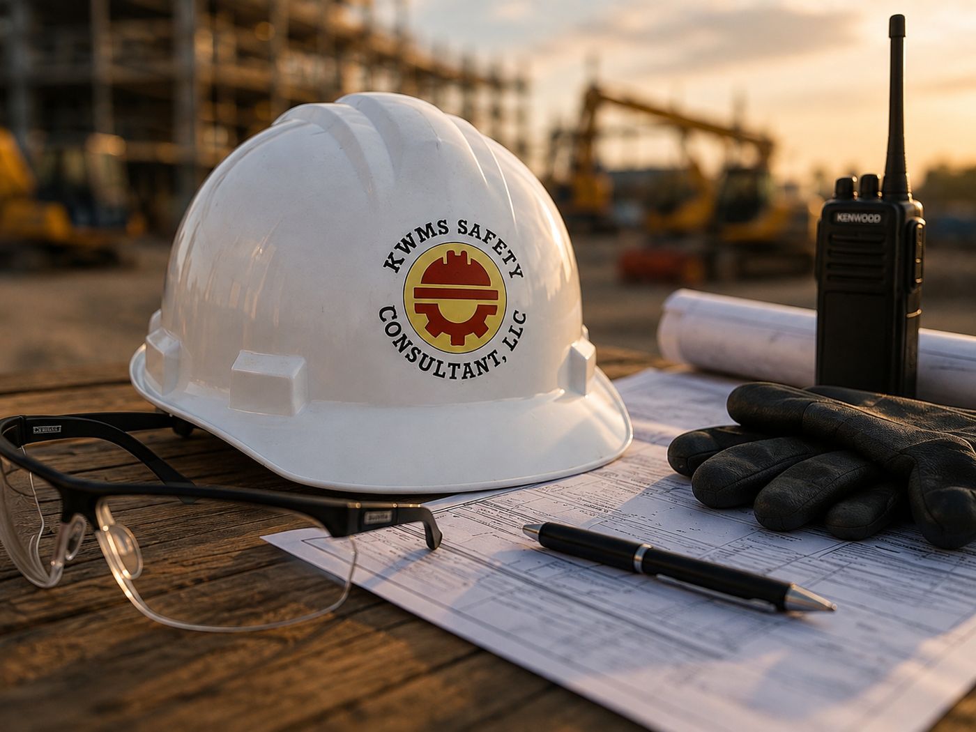 A KWMS Safety Consultant hard hat, safety glasses, work gloves, radio, and site plans laid out on a table at a job site.