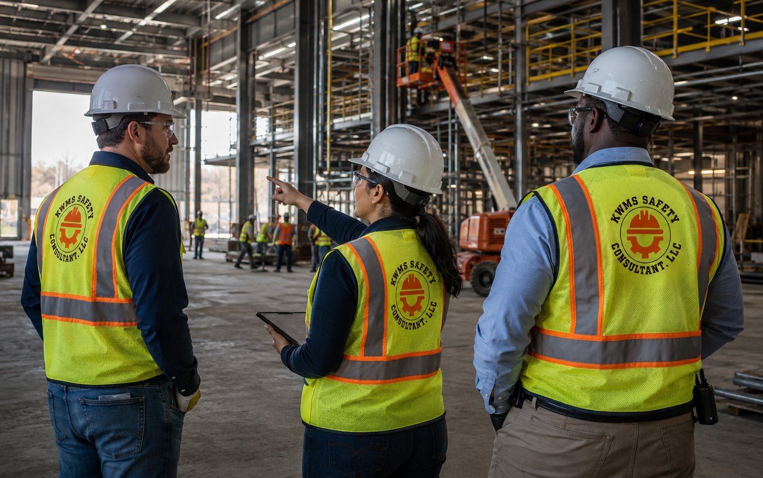 Three KWMS Safety Consultant team members in branded hi-vis vests reviewing conditions on an active construction site.