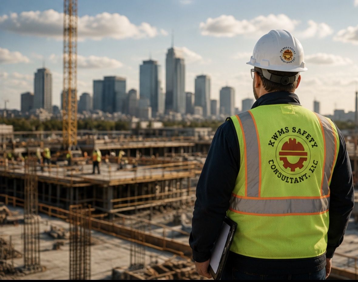 A KWMS Safety Consultant team member overlooking a large-scale construction site with a city skyline in the background.