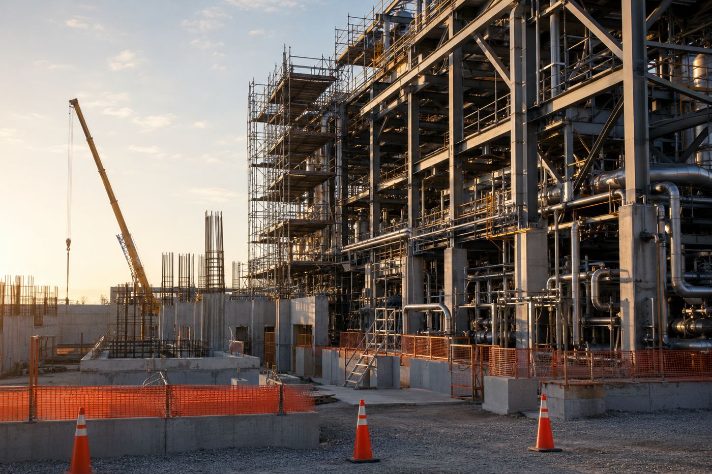 An industrial facility under construction, with scaffolding, structural steel, and process piping at sunset.