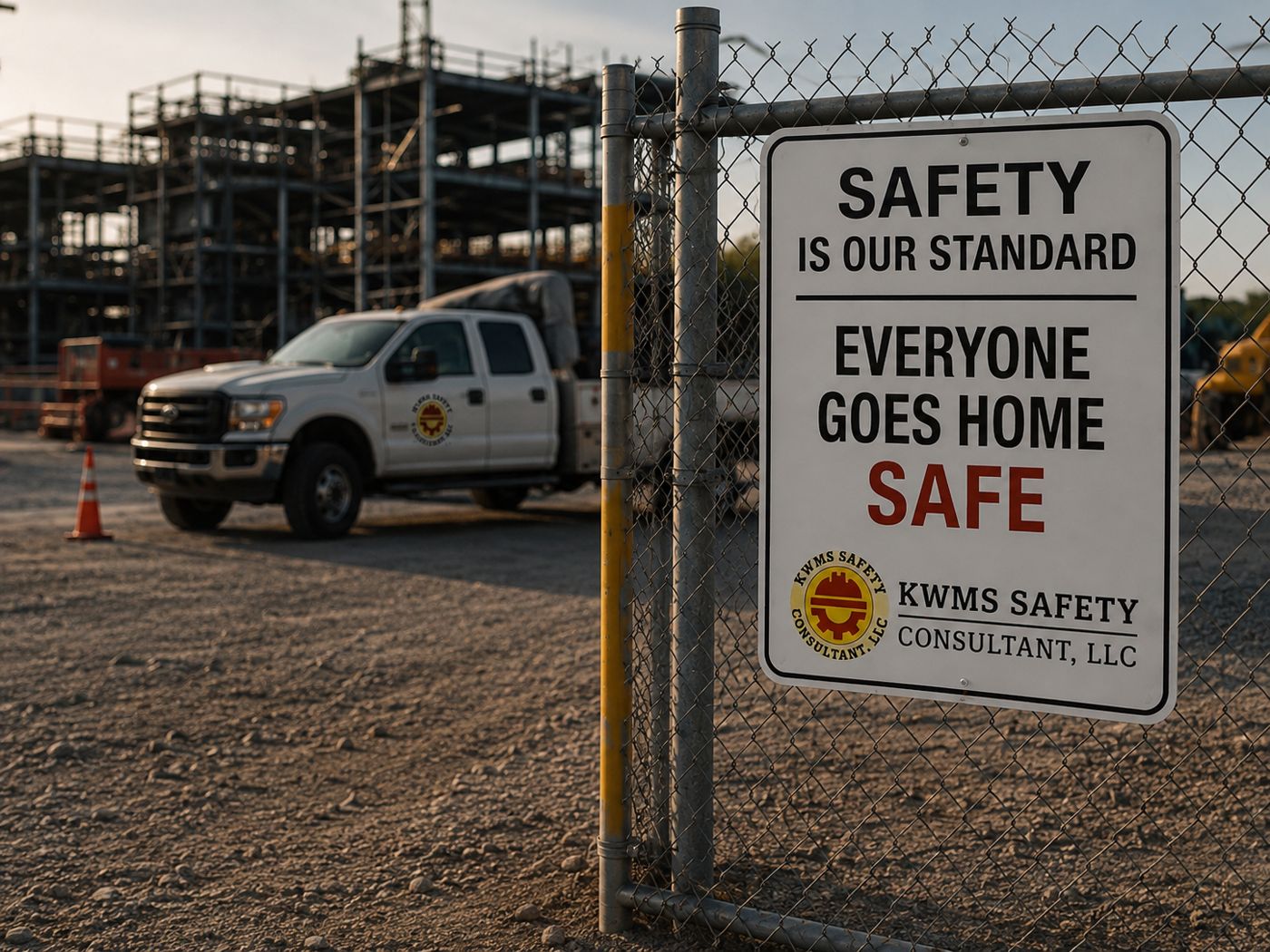 A job site sign reading Safety Is Our Standard, Everyone Goes Home Safe, with the KWMS Safety Consultant logo, posted on a fence near an active construction site.