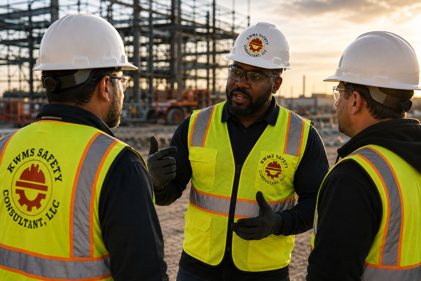 A KWMS Safety Consultant team member in branded PPE speaking with two colleagues on an active job site.