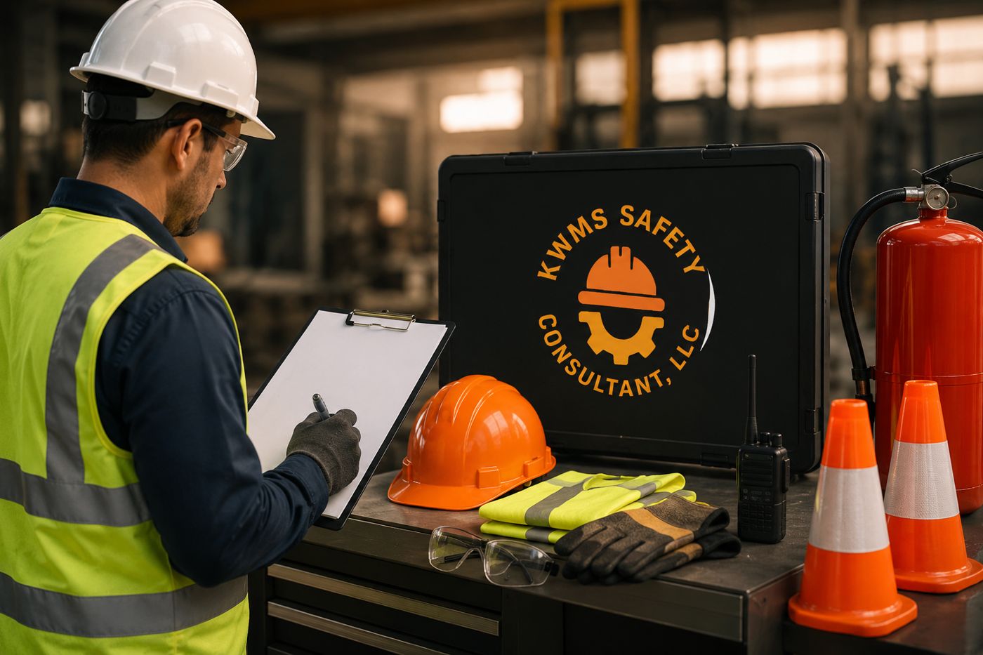 A KWMS Safety Consultant equipment case with the company logo, alongside a hard hat, PPE, safety cones, and a fire extinguisher, with a safety professional reviewing a checklist in the background.