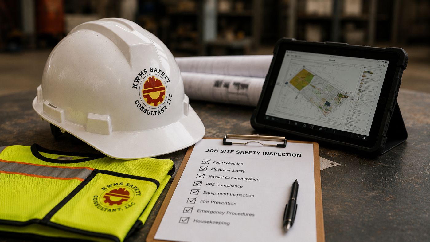 A KWMS Safety Consultant hard hat and vest beside a job site safety inspection checklist and a tablet showing a site map.